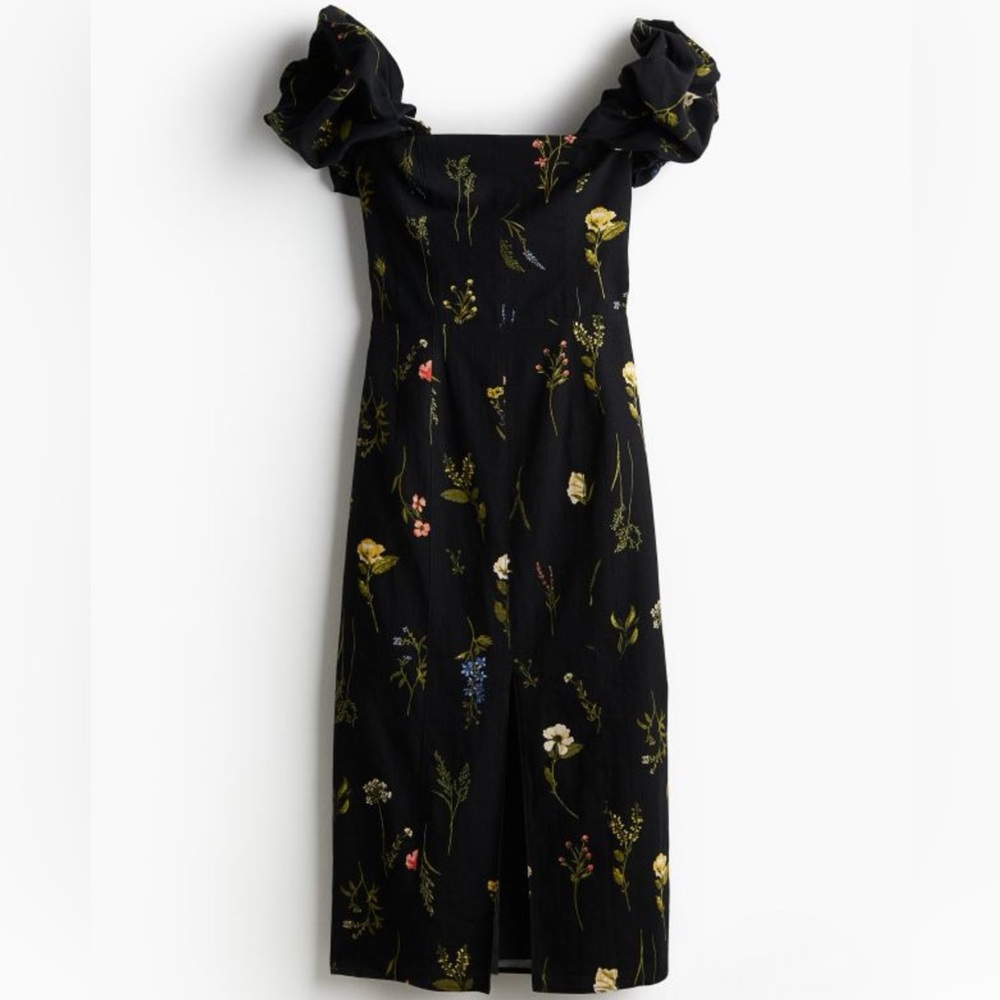 NWT H&M Linen-Blend Black Floral Off-The-Shoulder Dress Size Small